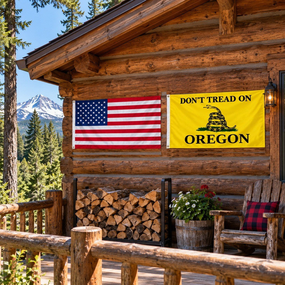 Heavy Duty American Flag and Don't Tread on Oregon Flag 3x5 2-Pack displayed outdoors