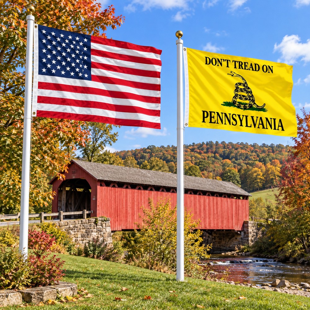Heavy Duty American Flag and Don't Tread on Pennsylvania Flag 3x5 2-Pack displayed outdoors