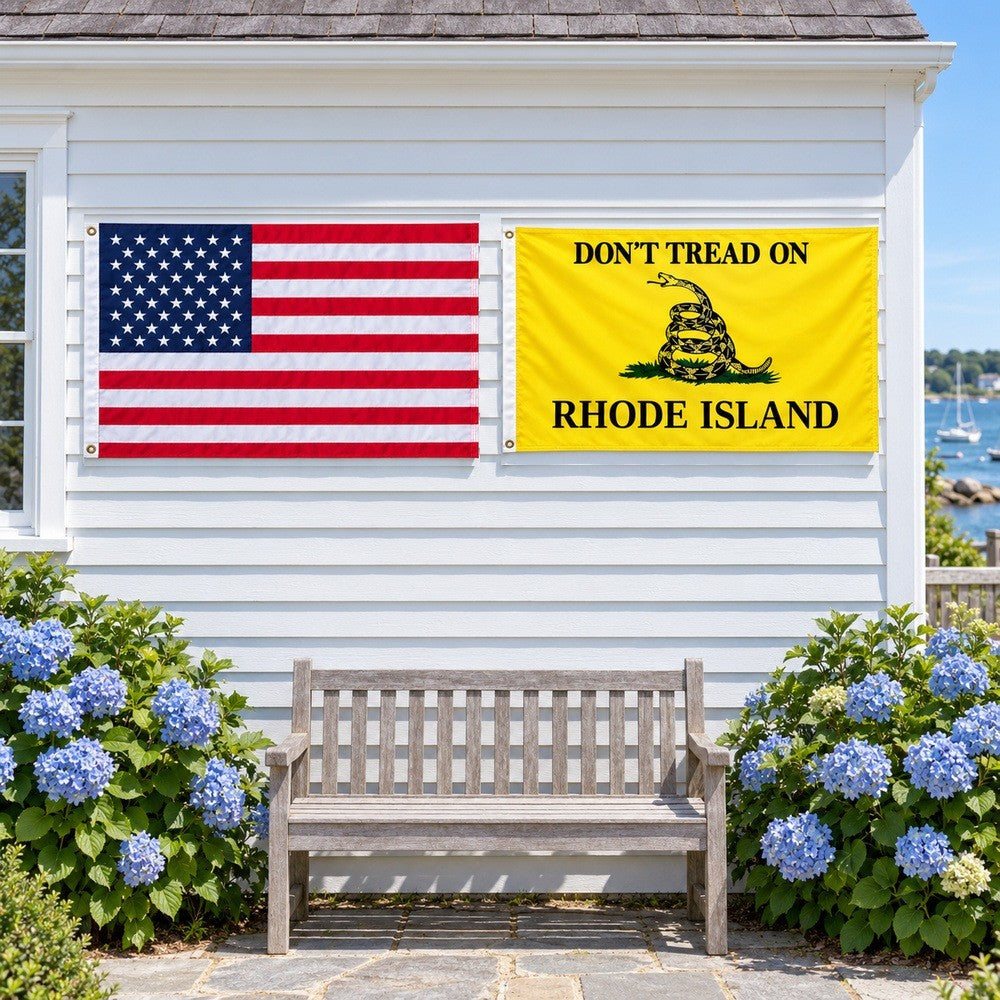 Heavy Duty American Flag and Don't Tread on Rhode Island Flag 3x5 2-Pack displayed outdoors