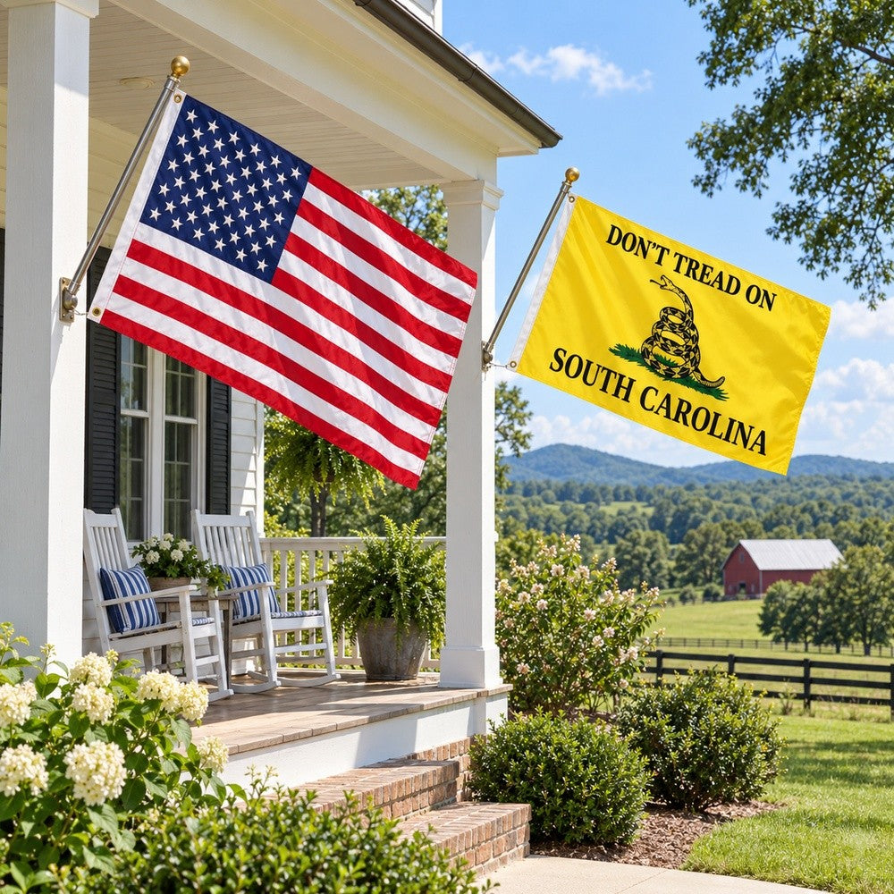Heavy Duty American Flag and Don't Tread on South Carolina Flag 3x5 2-Pack displayed outdoors