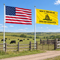 Heavy Duty American Flag and Don't Tread on South Dakota Flag 3x5 2-Pack displayed outdoors