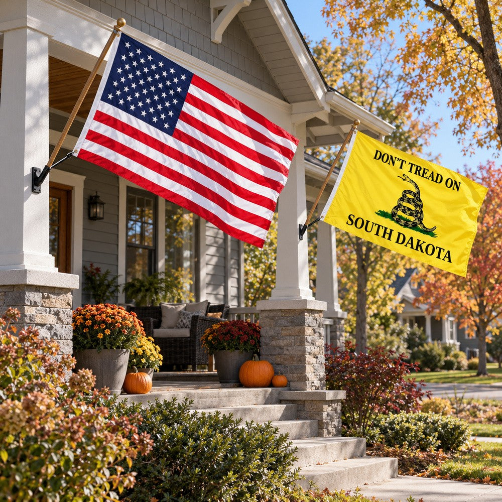 Heavy Duty American Flag and Don't Tread on South Dakota Flag 3x5 2-Pack displayed outdoors