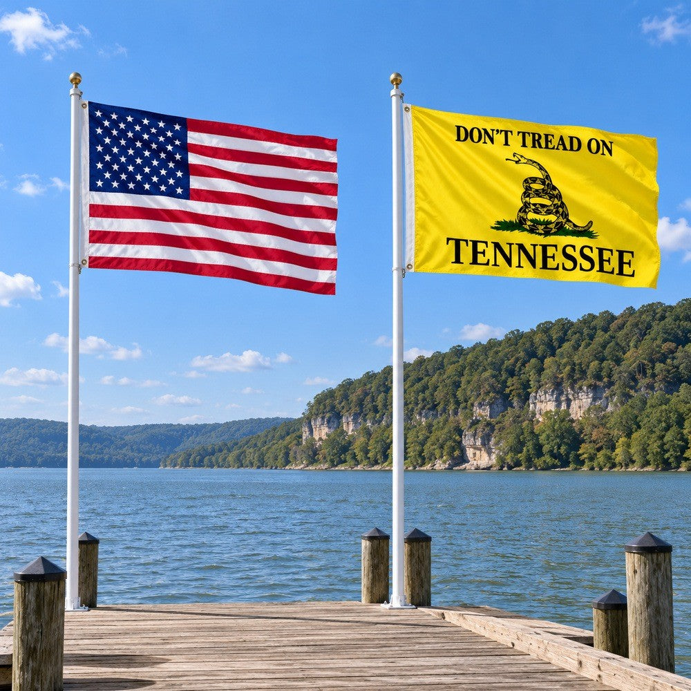 Heavy Duty American Flag and Don't Tread on Tennessee Flag 3x5 2-Pack displayed outdoors
