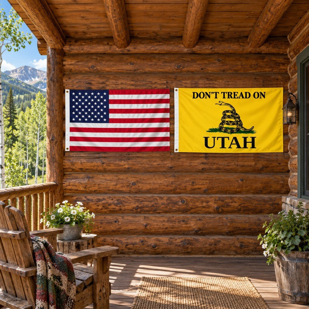 Heavy Duty American Flag and Don't Tread on Utah Flag 3x5 2-Pack displayed outdoors