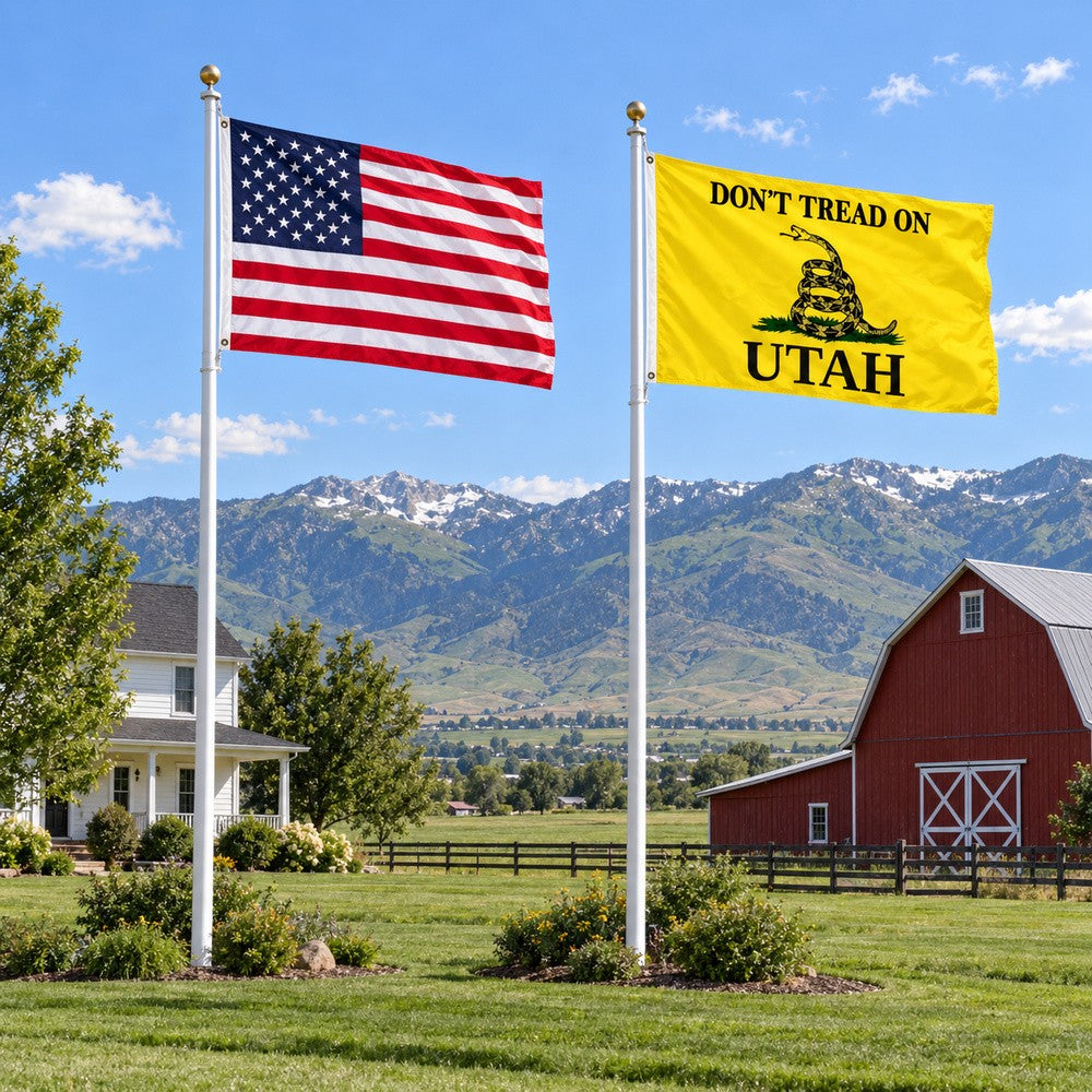 Heavy Duty American Flag and Don't Tread on Utah Flag 3x5 2-Pack displayed outdoors