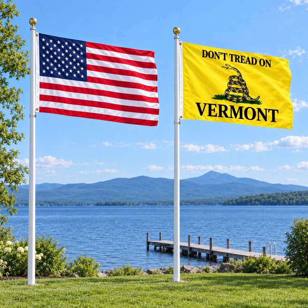 Heavy Duty American Flag and Don't Tread on Vermont Flag 3x5 2-Pack displayed outdoors