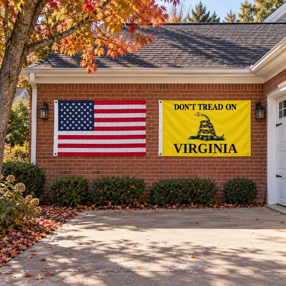 Heavy Duty American Flag and Don't Tread on Virginia Flag 3x5 2-Pack displayed outdoors