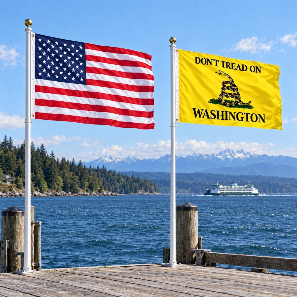 Heavy Duty American Flag and Don't Tread on Washington Flag 3x5 2-Pack displayed outdoors