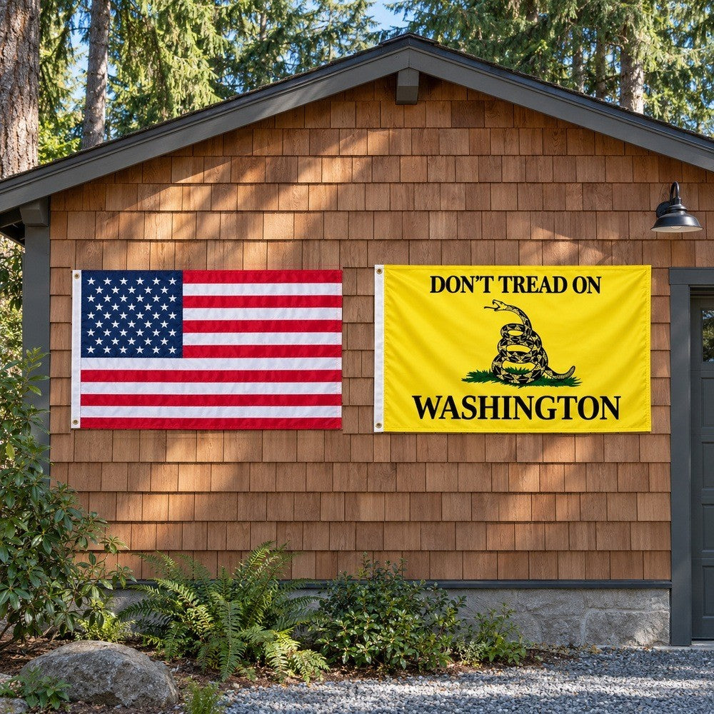 Heavy Duty American Flag and Don't Tread on Washington Flag 3x5 2-Pack displayed outdoors