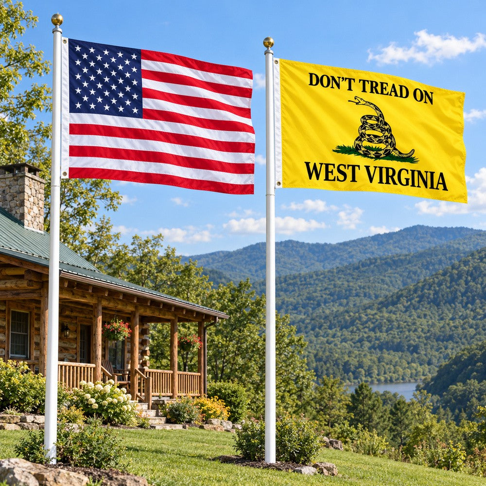 Heavy Duty American Flag and Don't Tread on West Virginia Flag 3x5 2-Pack displayed outdoors