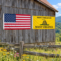 Heavy Duty American Flag and Don't Tread on West Virginia Flag 3x5 2-Pack displayed outdoors