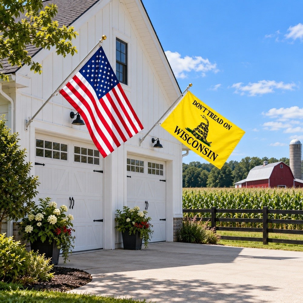 Heavy Duty American Flag and Don't Tread on Wisconsin Flag 3x5 2-Pack displayed outdoors