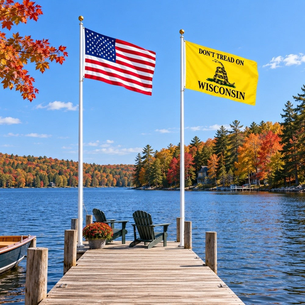 Heavy Duty American Flag and Don't Tread on Wisconsin Flag 3x5 2-Pack displayed outdoors