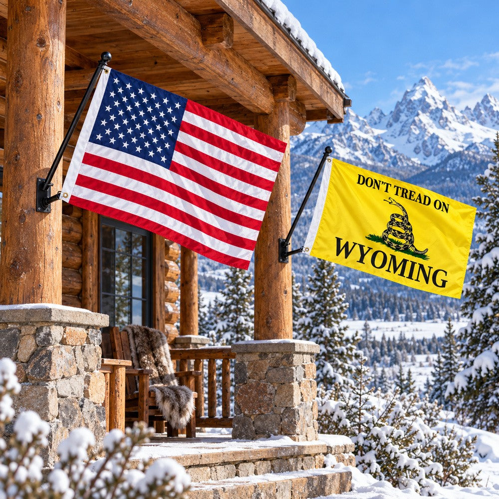 Heavy Duty American Flag and Don't Tread on Wyoming Flag 3x5 2-Pack displayed outdoors
