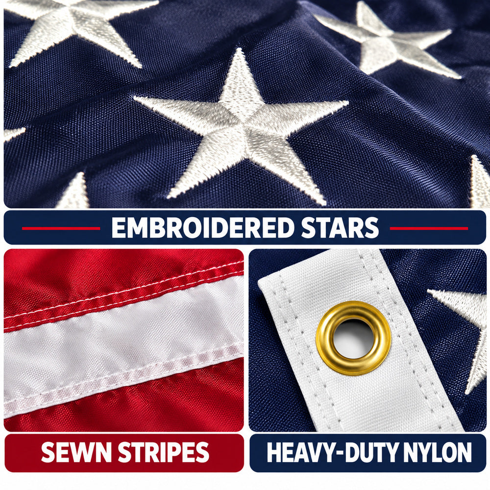 Heavy Duty American Flag 3x5 with Embroidered Stars and Sewn Stripes features and size details