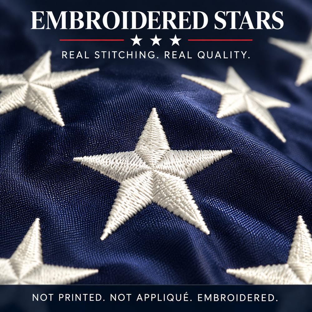 Heavy Duty American Flag 3x5 with Embroidered Stars and Sewn Stripes features and size details