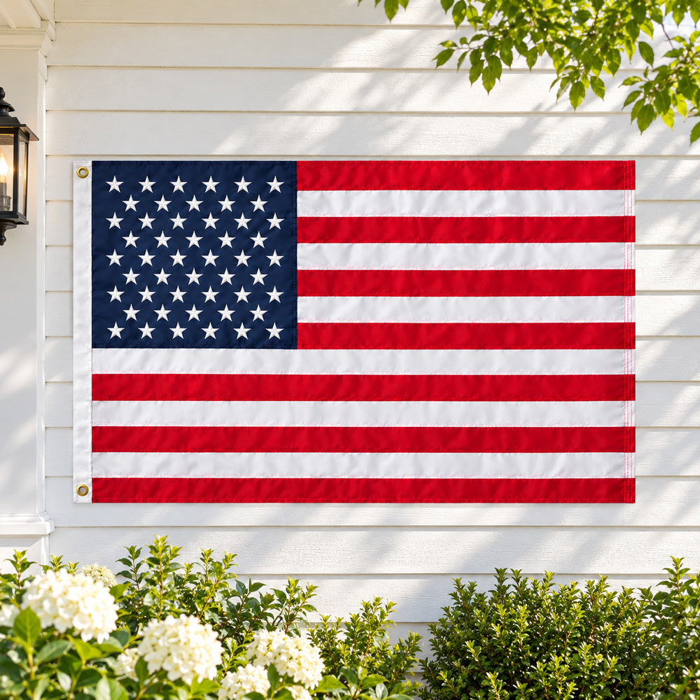 Heavy Duty American Flag 3x5 with Embroidered Stars and Sewn Stripes displayed outdoors