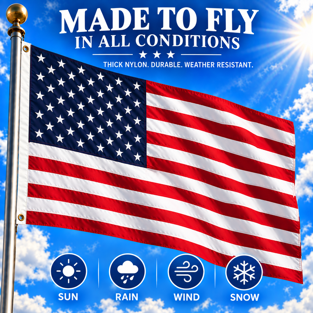 Heavy Duty American Flag 3x5 with Embroidered Stars and Sewn Stripes features and size details