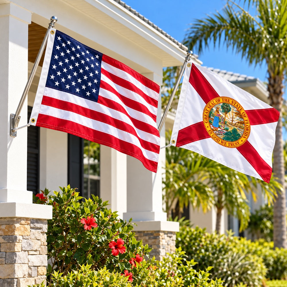Heavy Duty American Flag and Florida State Flag 3x5 2-Pack displayed outdoors