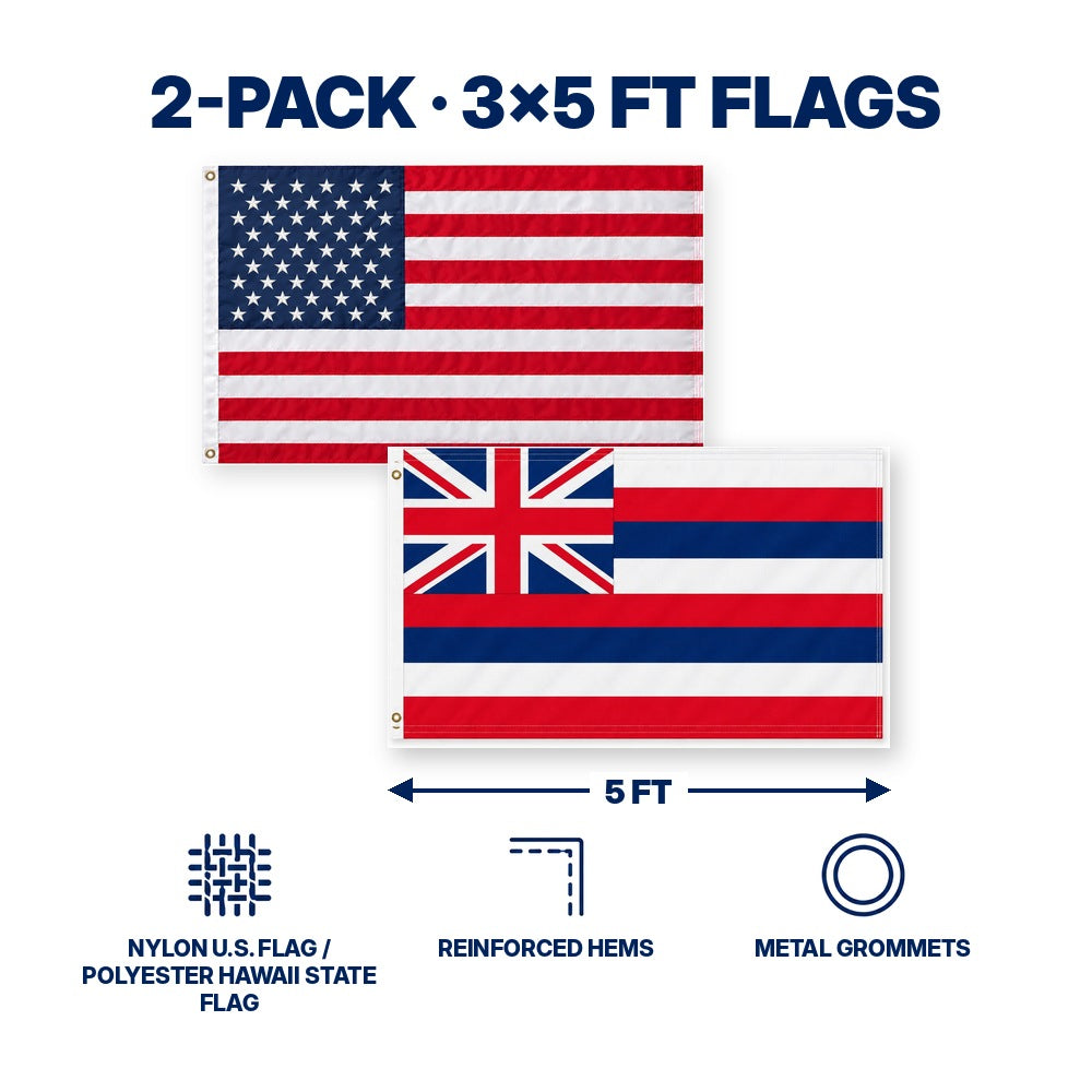 Heavy Duty American Flag and Hawaii State Flag 3x5 2-Pack features and size details