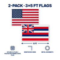 Heavy Duty American Flag and Hawaii State Flag 3x5 2-Pack features and size details
