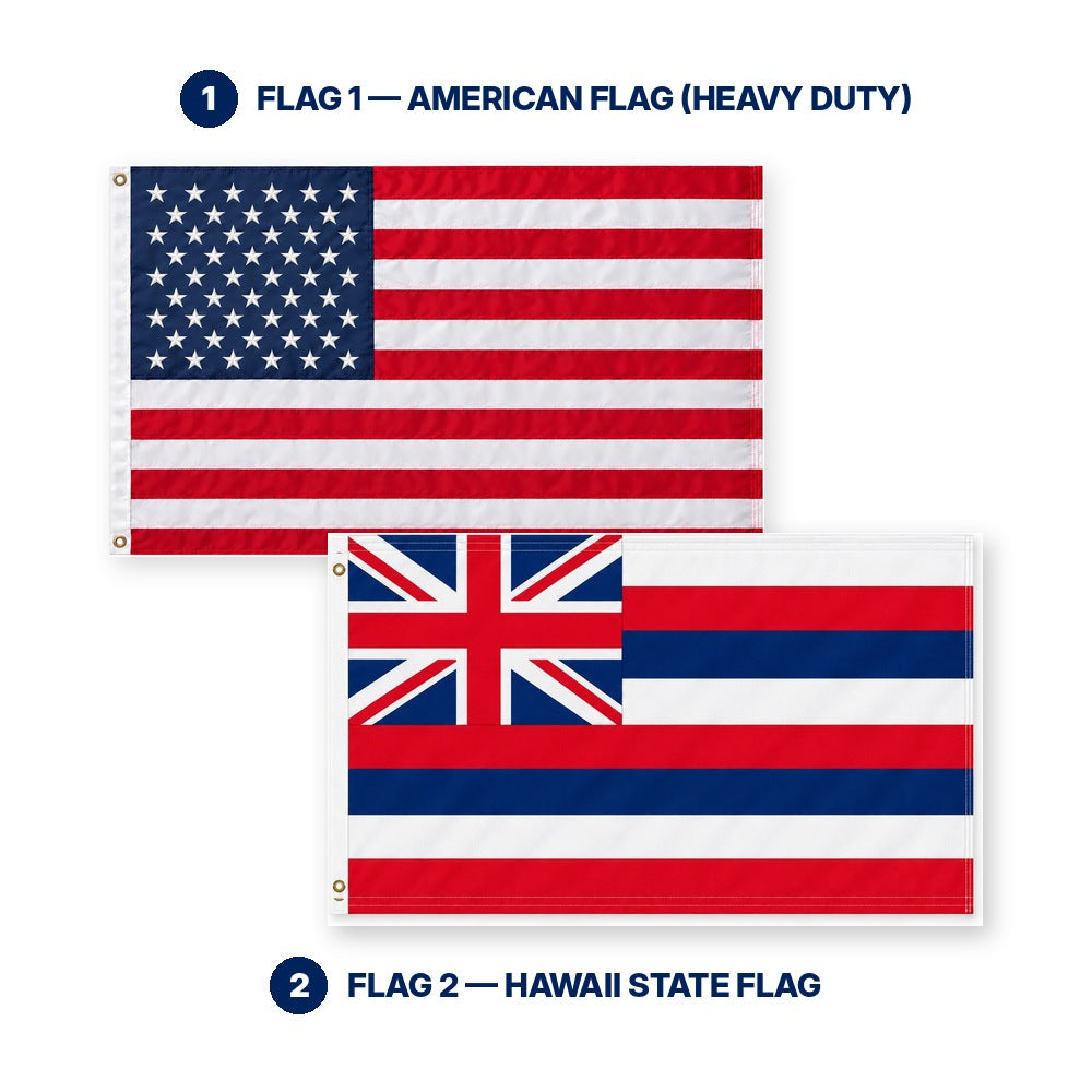 Heavy Duty American Flag and Hawaii State Flag 3x5 2-Pack features and size details