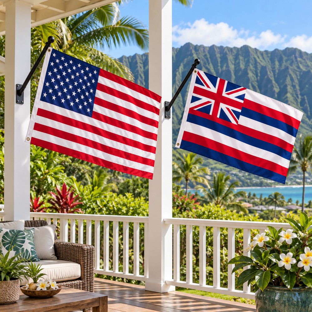 Heavy Duty American Flag and Hawaii State Flag 3x5 2-Pack displayed outdoors