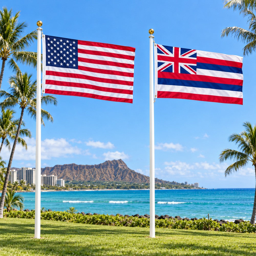 Heavy Duty American Flag and Hawaii State Flag 3x5 2-Pack displayed outdoors