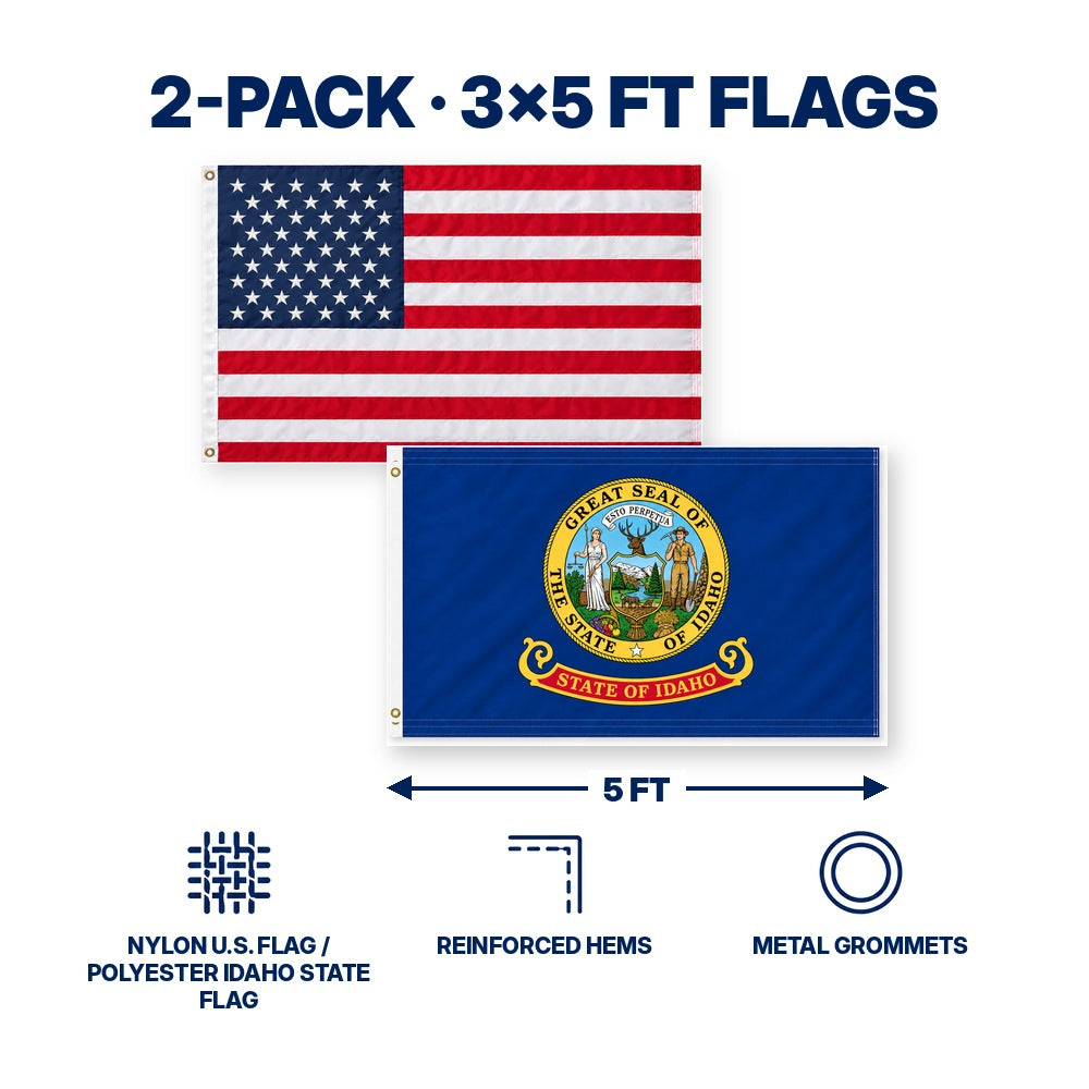 Heavy Duty American Flag and Idaho State Flag 3x5 2-Pack features and size details