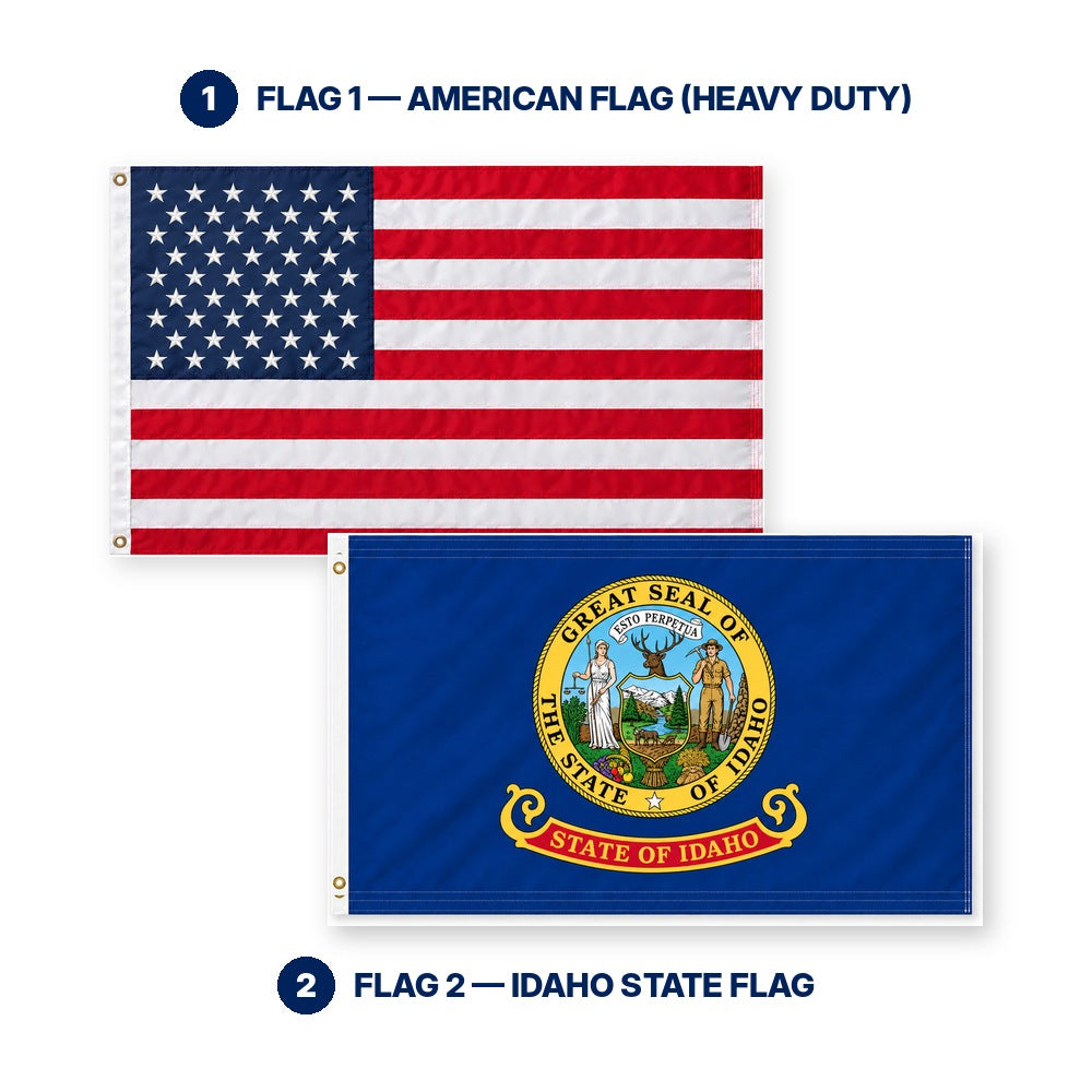 Heavy Duty American Flag and Idaho State Flag 3x5 2-Pack features and size details