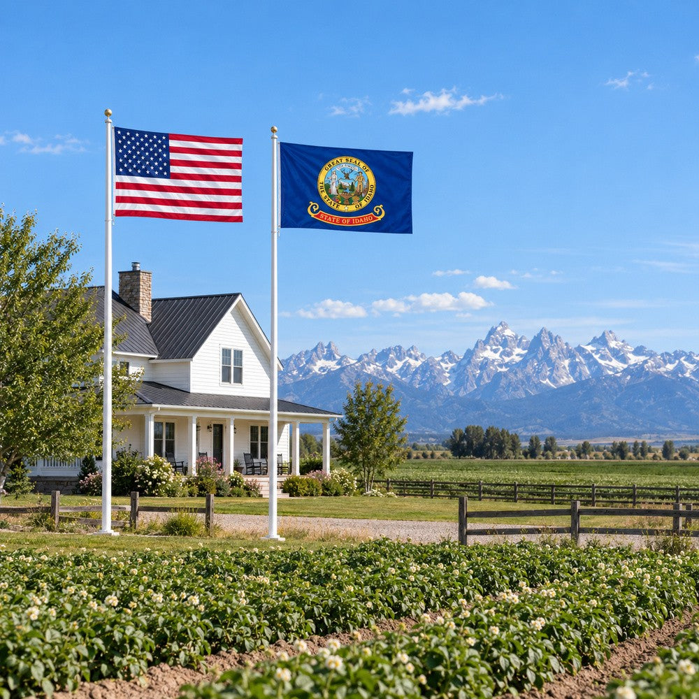 Heavy Duty American Flag and Idaho State Flag 3x5 2-Pack displayed outdoors