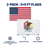 Heavy Duty American Flag and Illinois State Flag 3x5 2-Pack features and size details