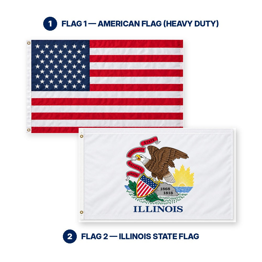 Heavy Duty American Flag and Illinois State Flag 3x5 2-Pack features and size details
