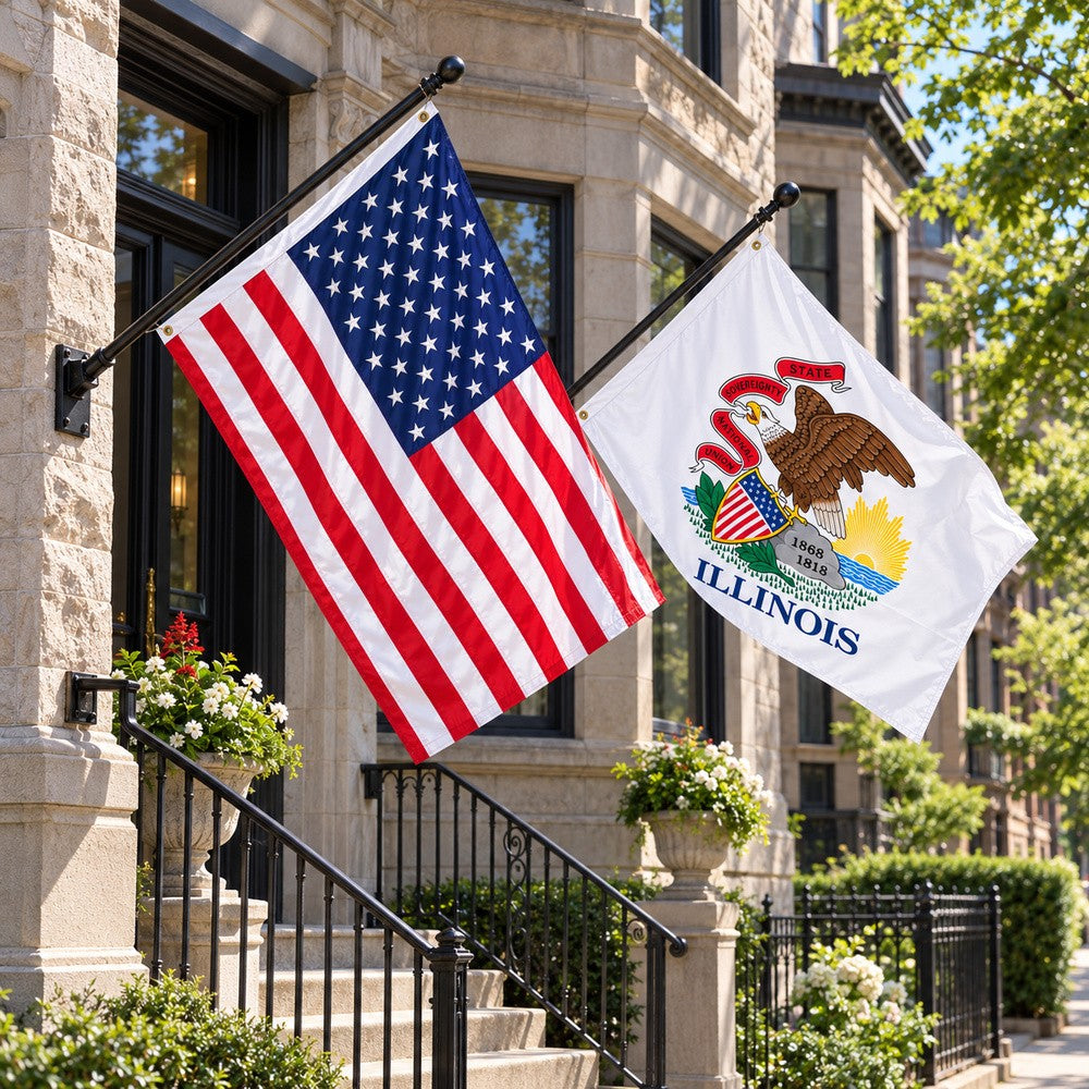 Heavy Duty American Flag and Illinois State Flag 3x5 2-Pack displayed outdoors