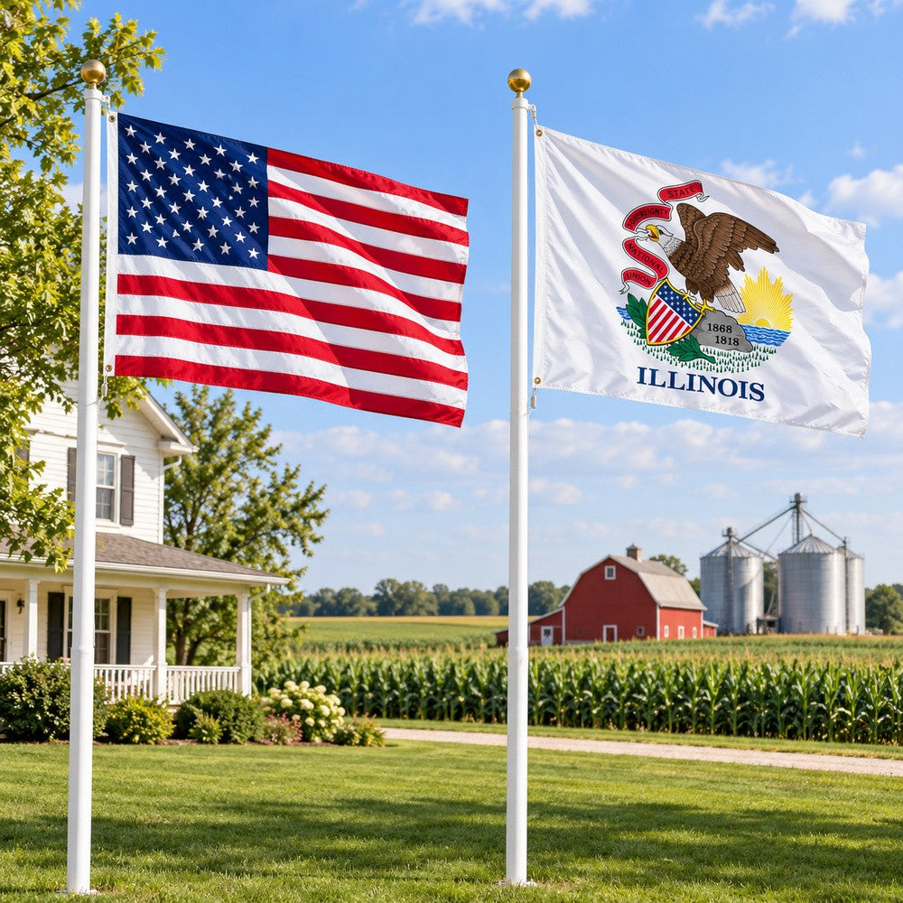 Heavy Duty American Flag and Illinois State Flag 3x5 2-Pack displayed outdoors