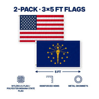Heavy Duty American Flag and Indiana State Flag 3x5 2-Pack features and size details