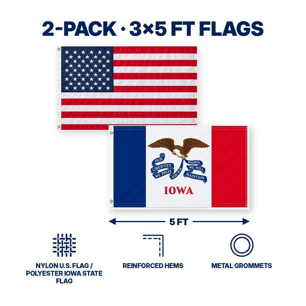 Heavy Duty American Flag and Iowa State Flag 3x5 2-Pack features and size details