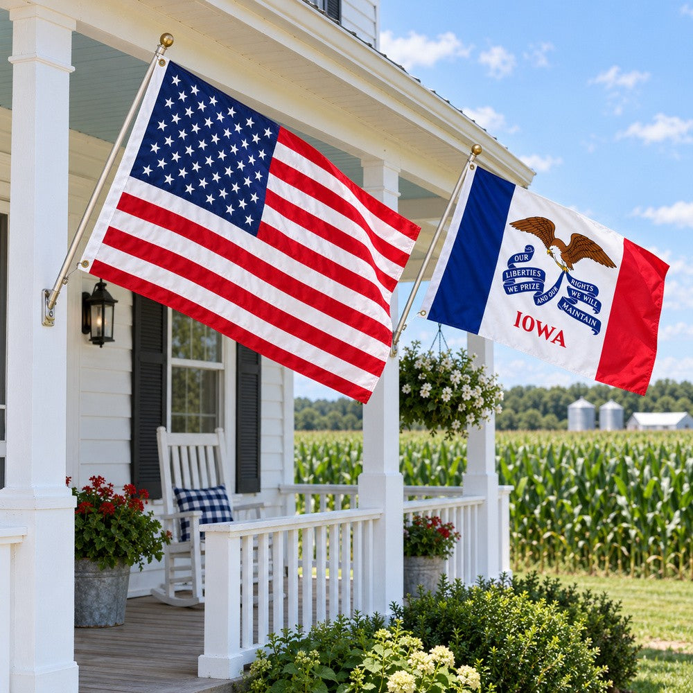 Heavy Duty American Flag and Iowa State Flag 3x5 2-Pack displayed outdoors