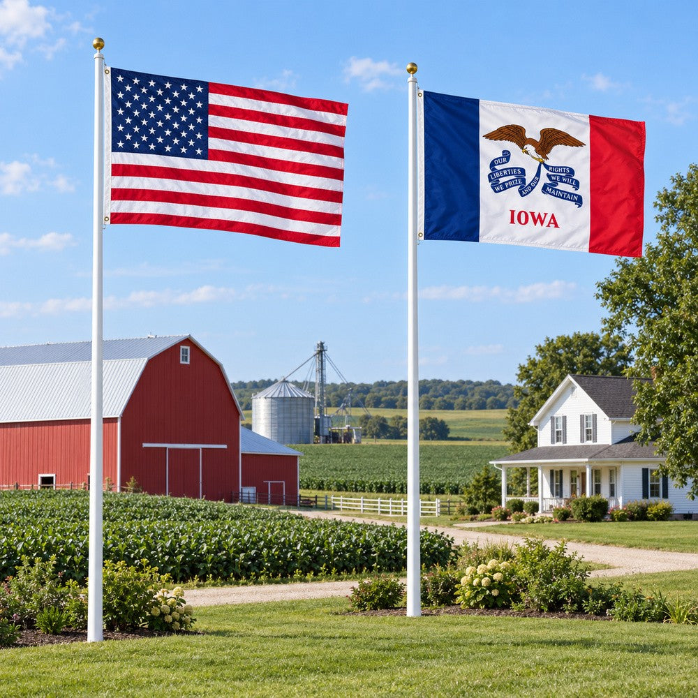 Heavy Duty American Flag and Iowa State Flag 3x5 2-Pack displayed outdoors
