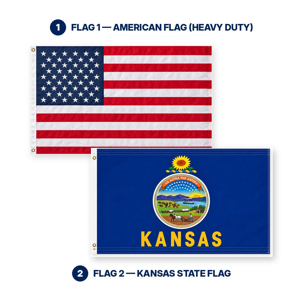 Heavy Duty American Flag and Kansas State Flag 3x5 2-Pack features and size details