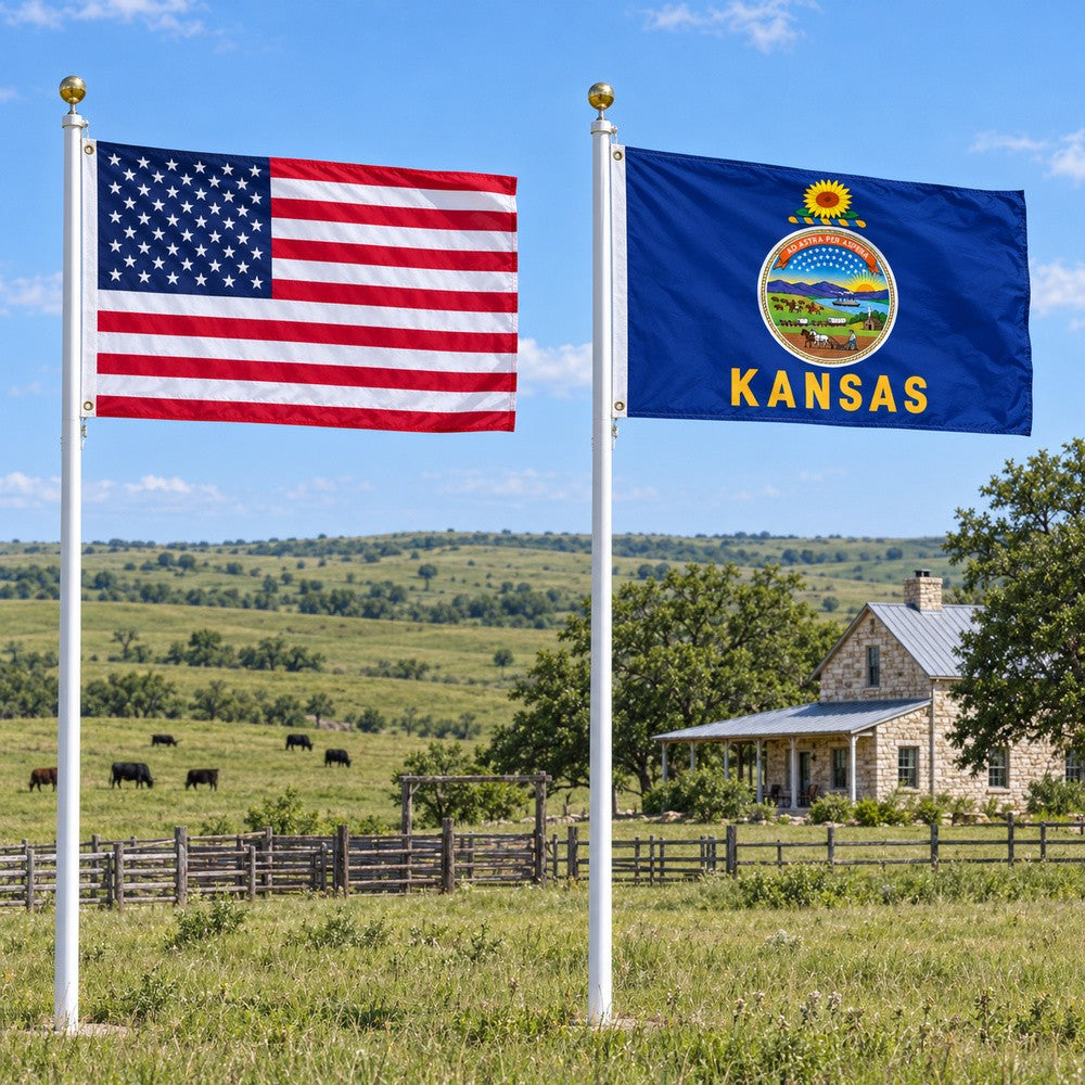 Heavy Duty American Flag and Kansas State Flag 3x5 2-Pack displayed outdoors