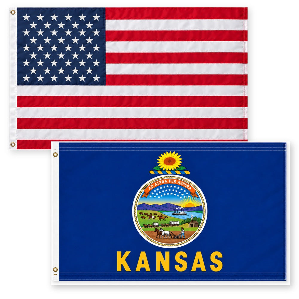 Heavy Duty American Flag and Kansas State Flag 3x5 2-Pack