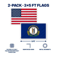Heavy Duty American Flag and Kentucky State Flag 3x5 2-Pack features and size details