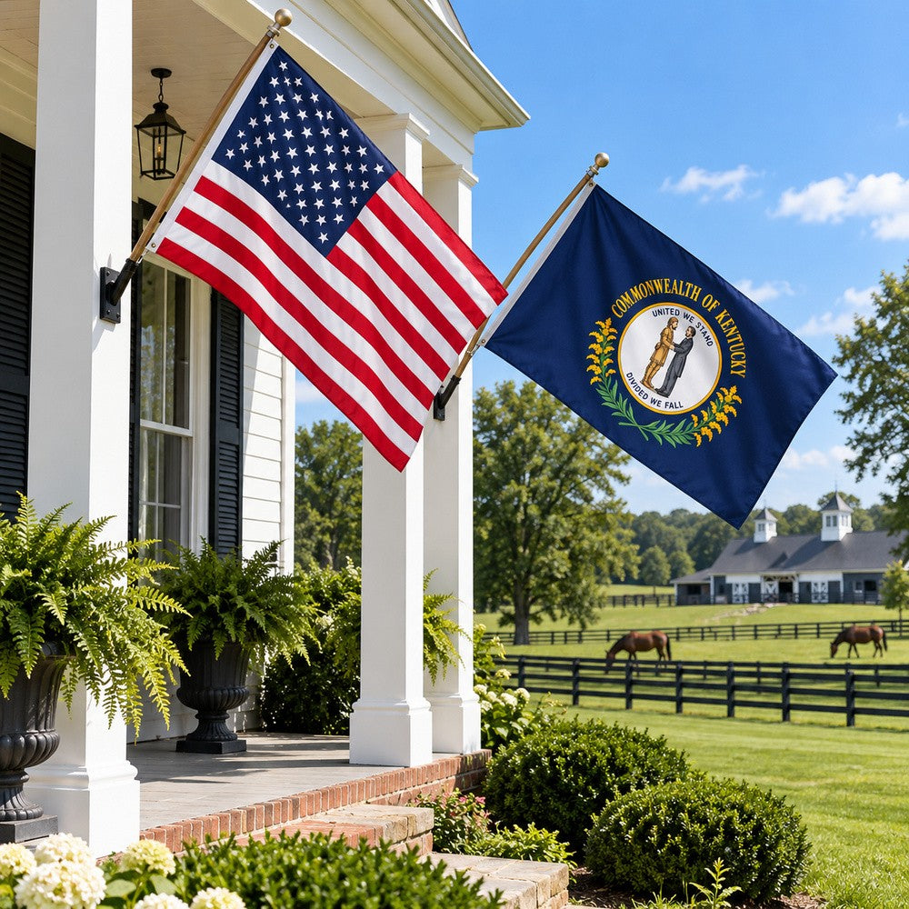 Heavy Duty American Flag and Kentucky State Flag 3x5 2-Pack displayed outdoors
