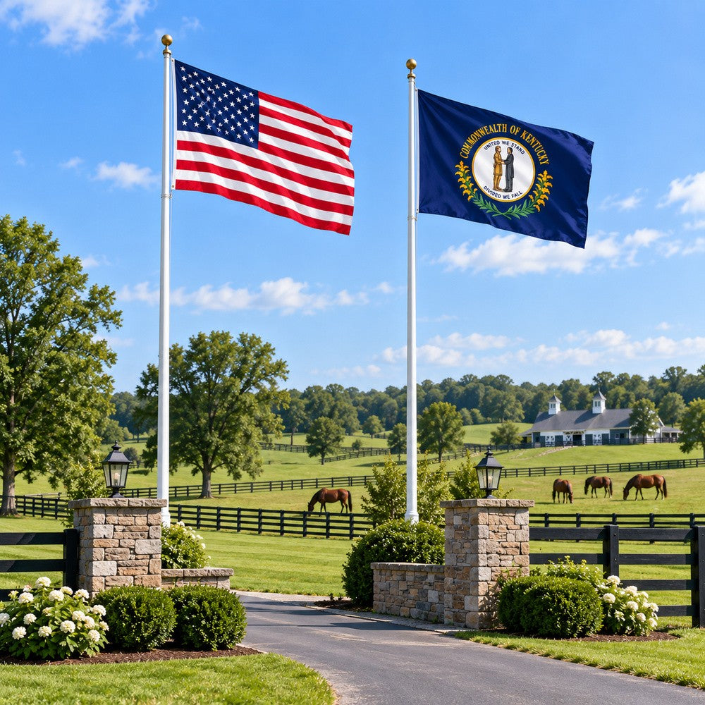 Heavy Duty American Flag and Kentucky State Flag 3x5 2-Pack displayed outdoors