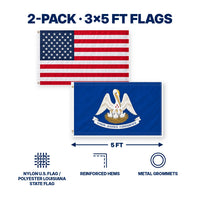 Heavy Duty American Flag and Louisiana State Flag 3x5 2-Pack features and size details