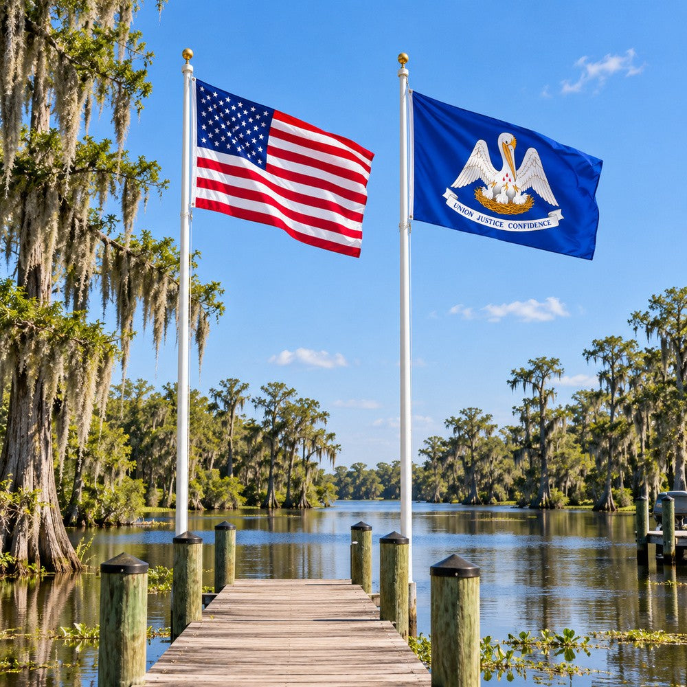 Heavy Duty American Flag and Louisiana State Flag 3x5 2-Pack displayed outdoors