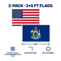 Heavy Duty American Flag and Maine State Flag 3x5 2-Pack features and size details