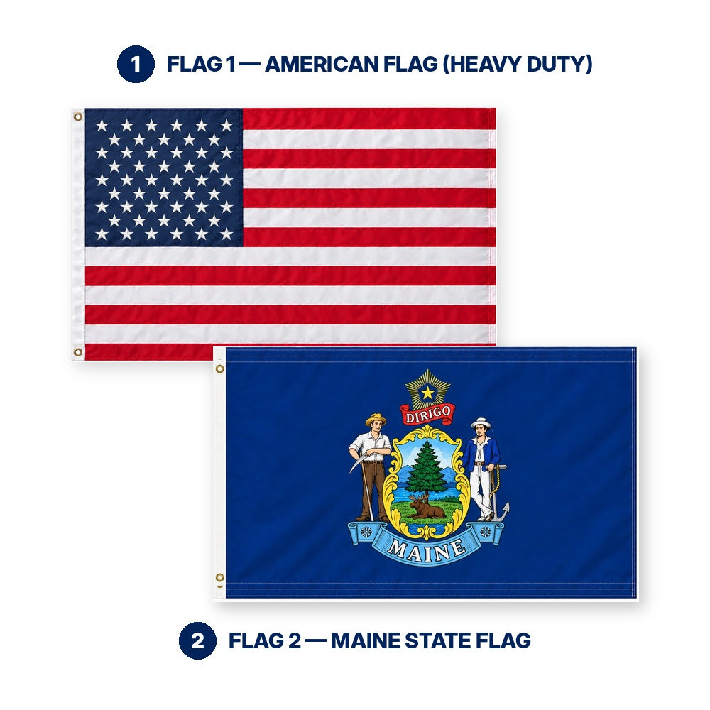 Heavy Duty American Flag and Maine State Flag 3x5 2-Pack features and size details