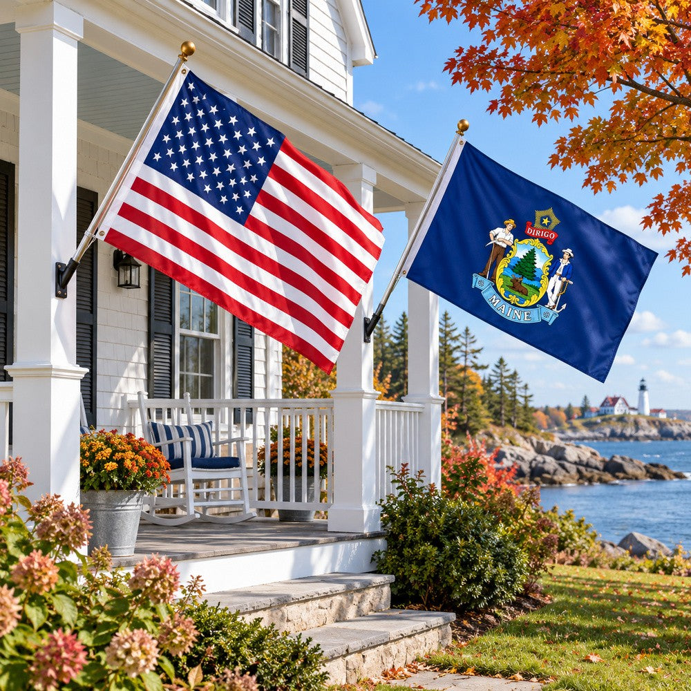 Heavy Duty American Flag and Maine State Flag 3x5 2-Pack displayed outdoors